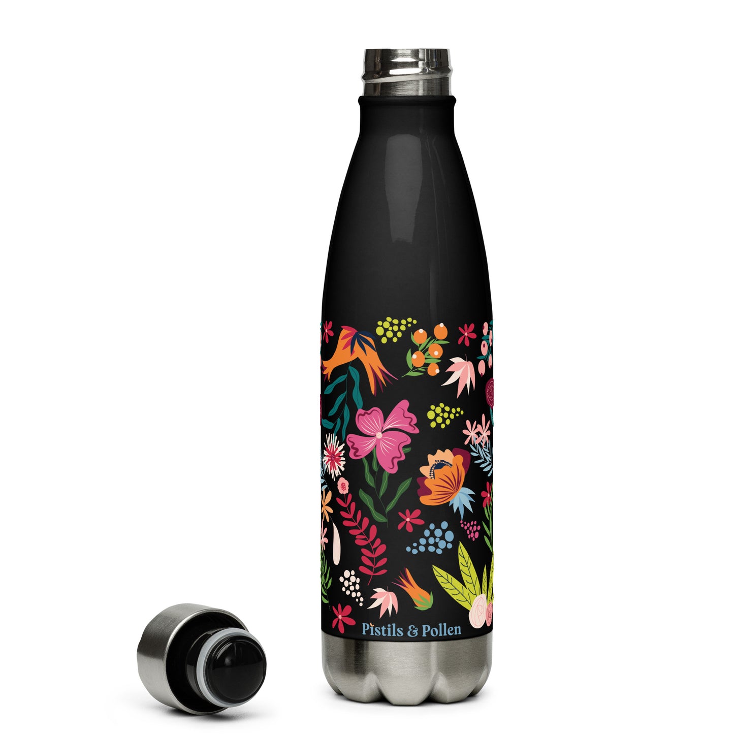 Floral Stainless Steel Water Bottle - Black