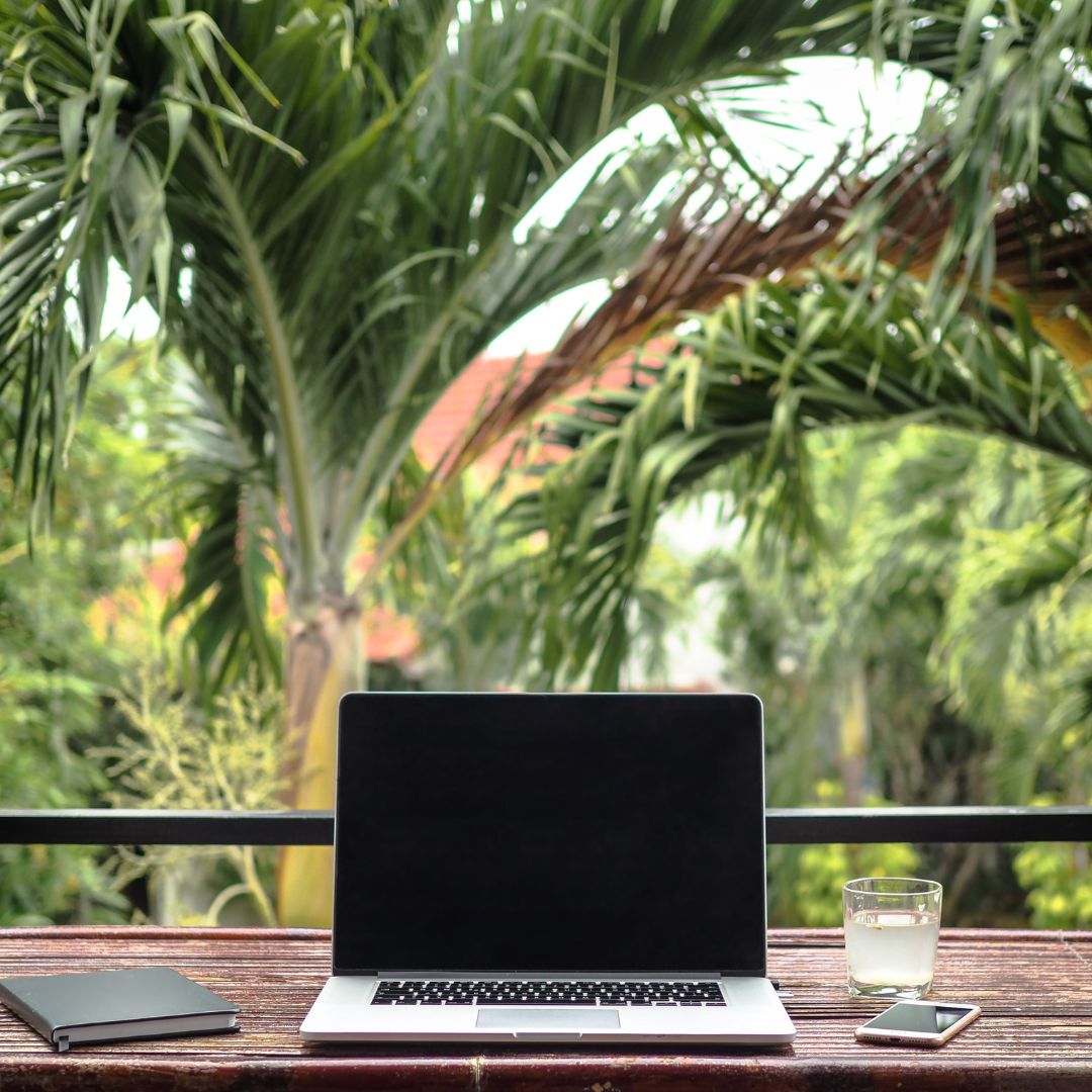 Tech accessories on desk with palm trees