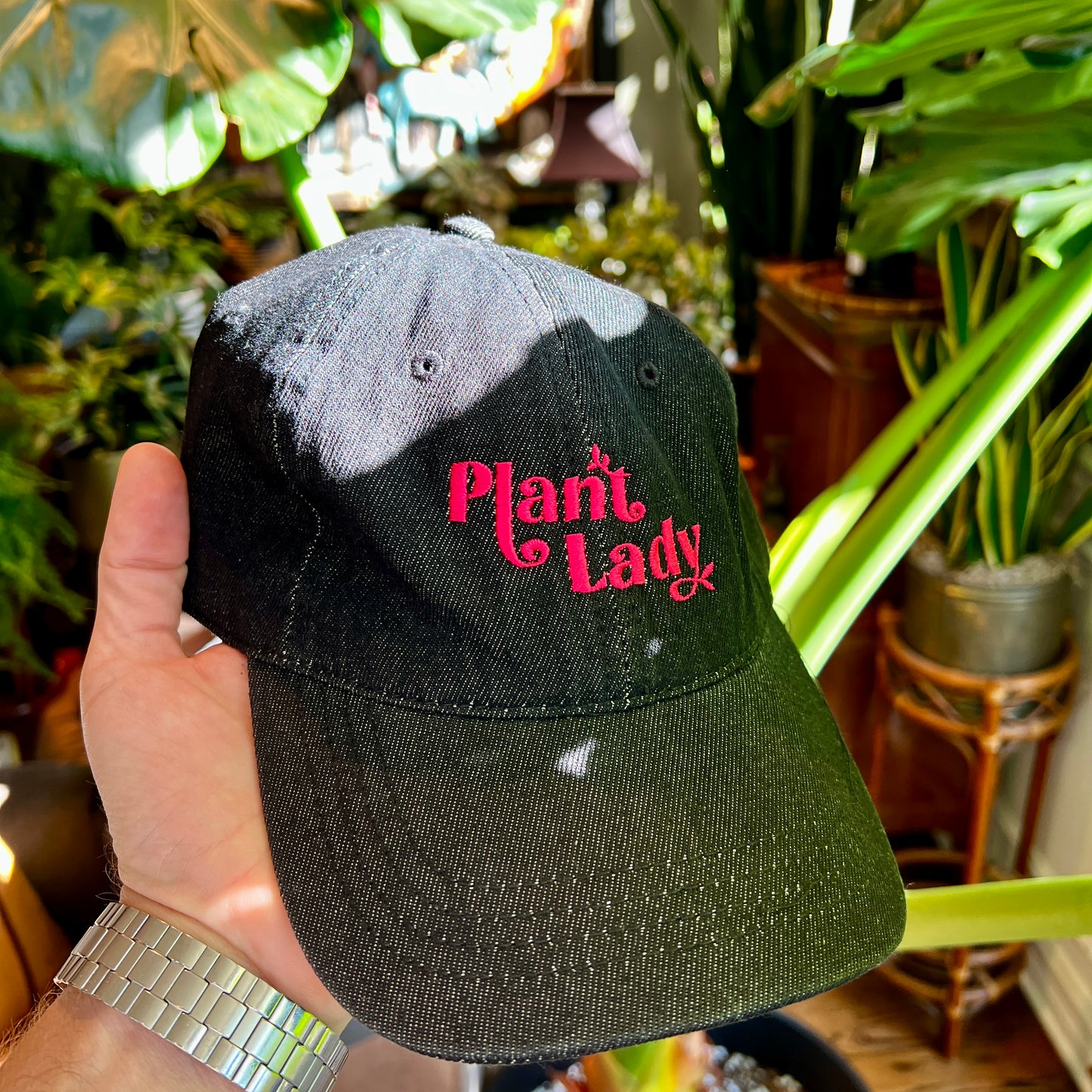 Plant Lady - Denim Hat (pink on black)