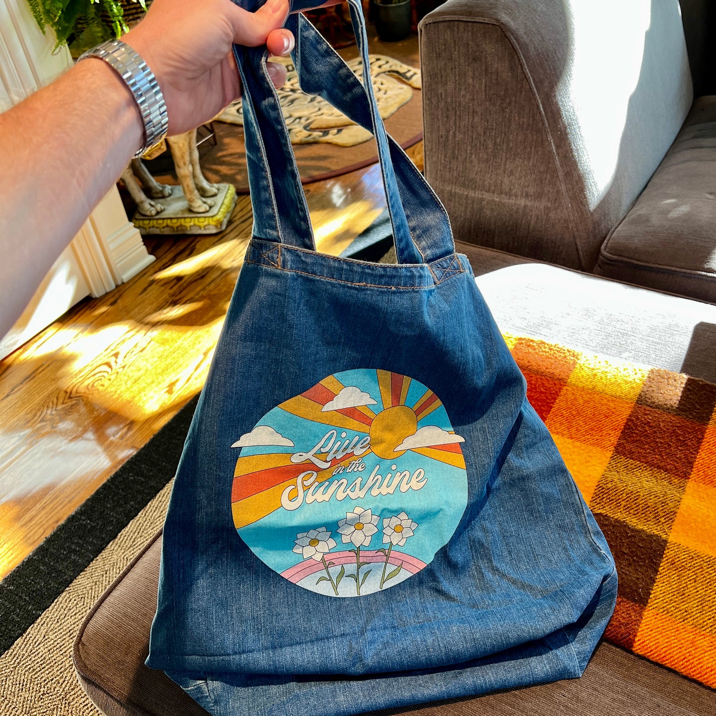 Live in the Sunshine - Organic Denim Gardening Tote Bag