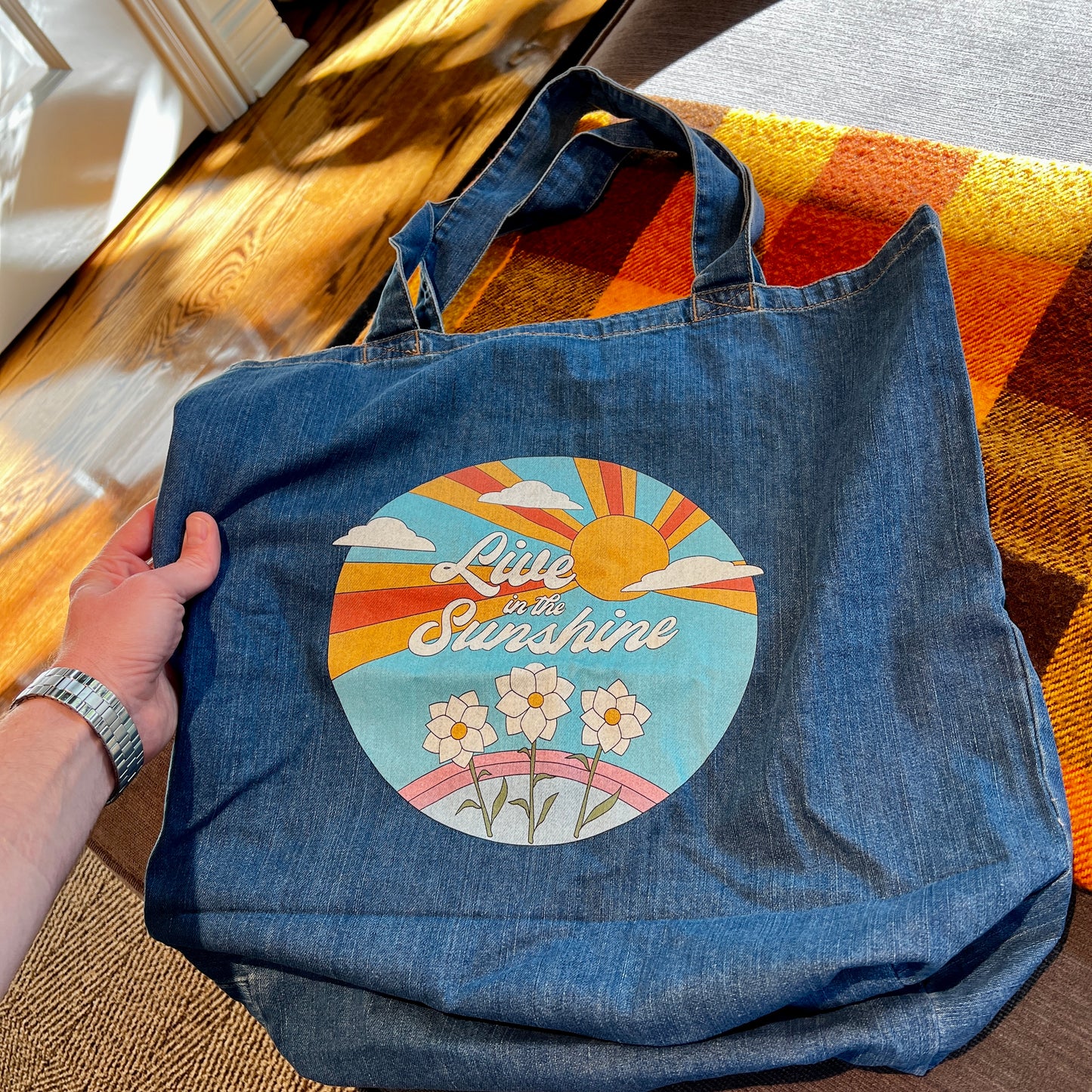 Live in the Sunshine - Organic Denim Gardening Tote Bag