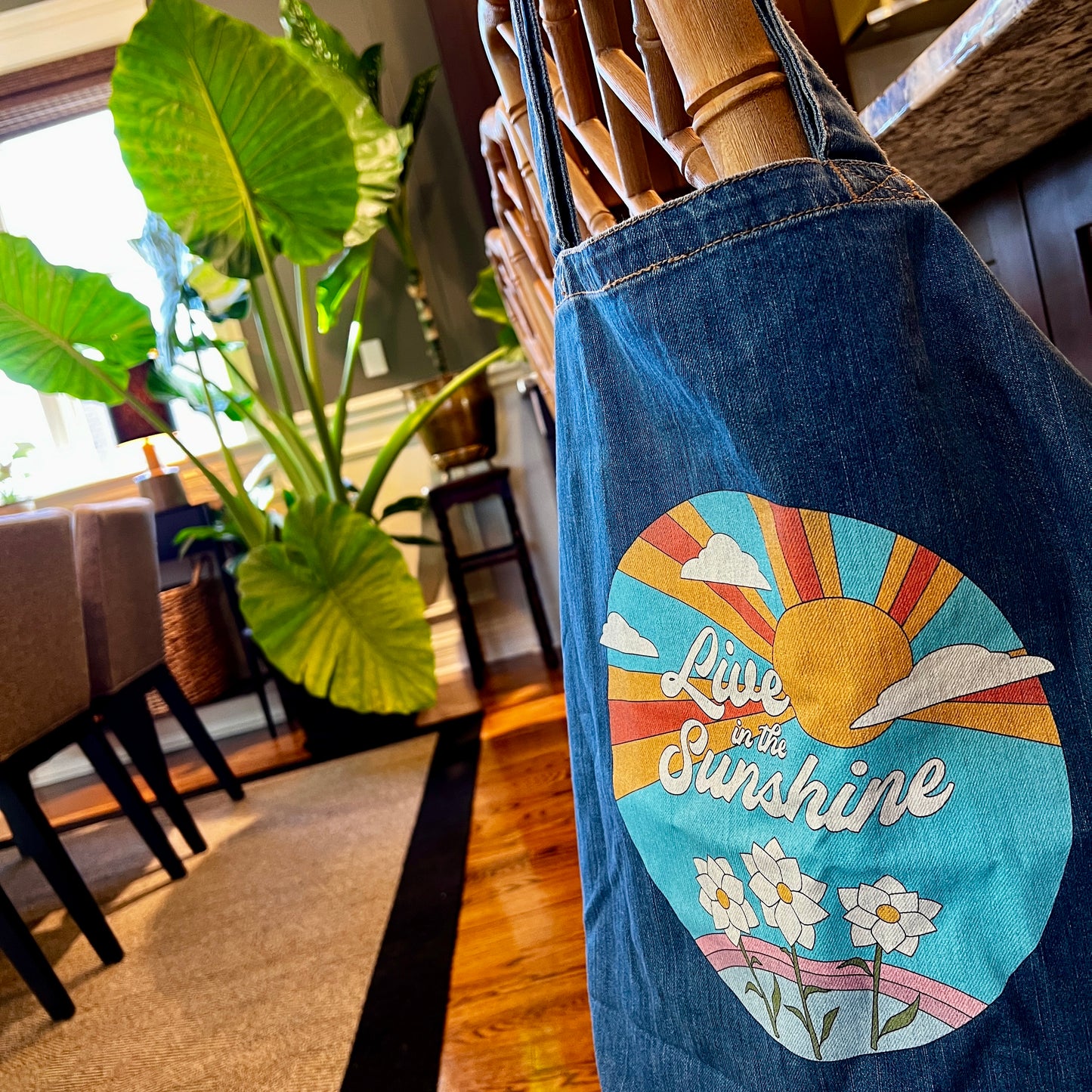 Live in the Sunshine - Organic Denim Gardening Tote Bag