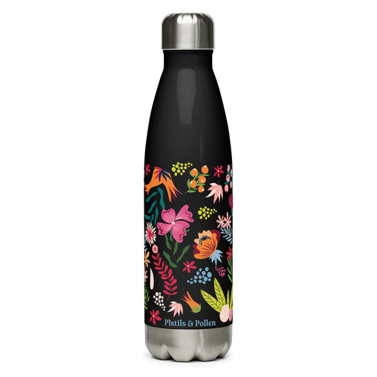Floral Stainless Steel Water Bottle - Black